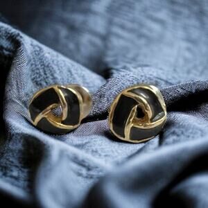 Black Enamel Gold Tone Love Knot Stud Earrings Preppy Chic